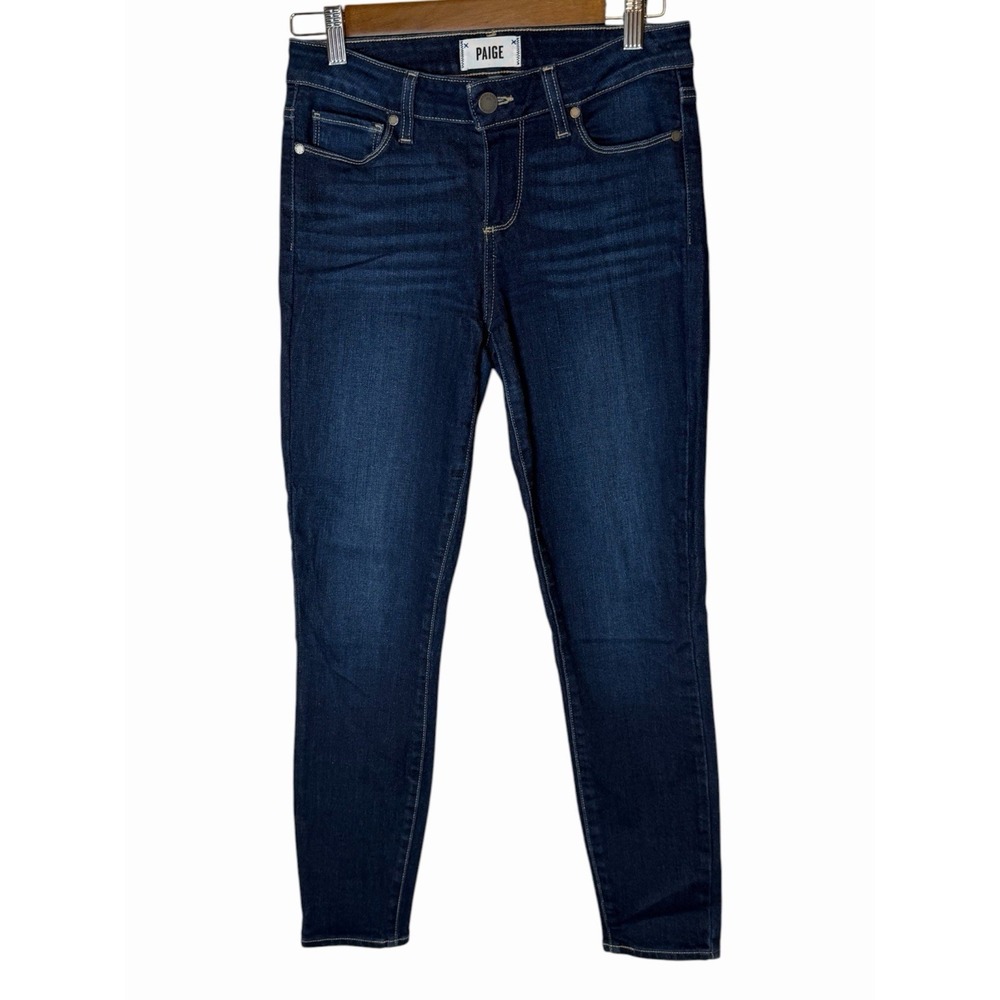 PAIGE Womens Skinny Jeans Dark Indigo Blue Denim Size 26 Mid Rise Whiskered